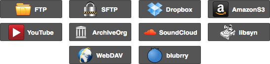 External services: FTP, SFTP, Dropbox, AmazonS3, YouTube, Archive.Org, SoundCloud, libsyn, WebDAV, blubrry